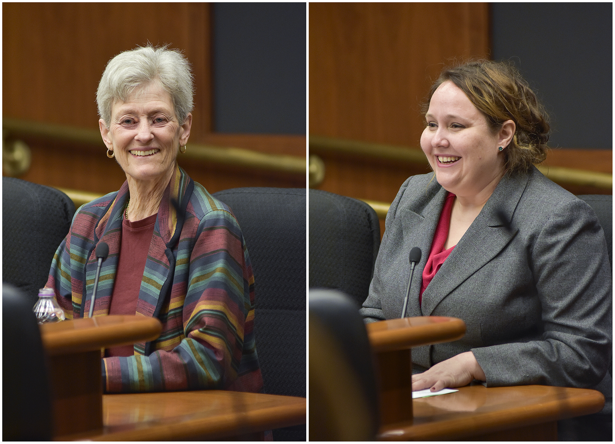 Margaret Leppik, left, and Emma Greenman were confirmed to the Campaign Finance Board by members of the House Government Operations and Elections Policy Committee April 19. Photo by Andrew VonBank